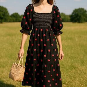 Floral Black Dress with Red Accents